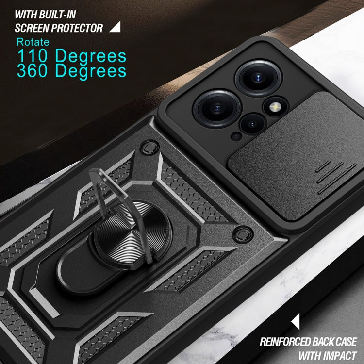 Rugged black phone case with built-in camera slider cover and reinforced impact frame