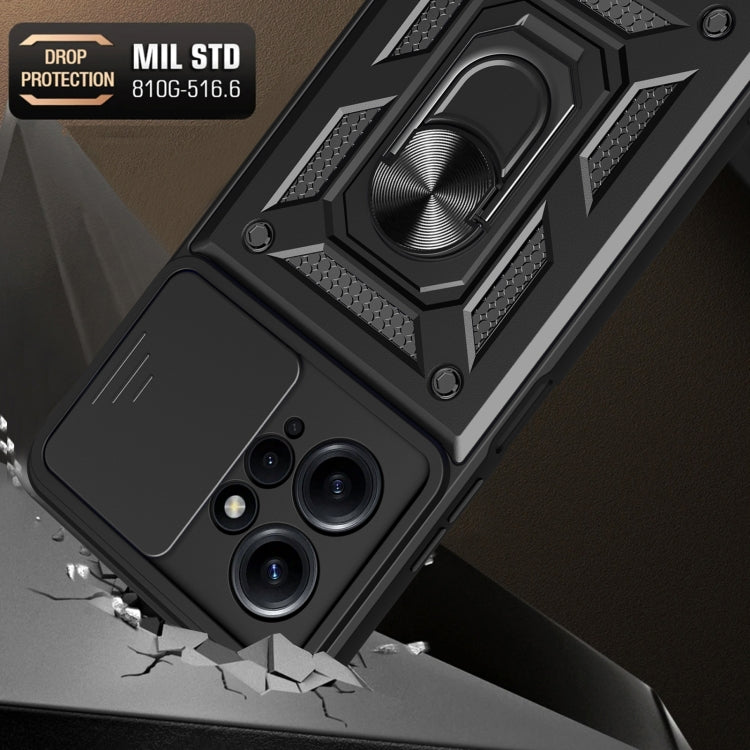Durable black phone case with camera slider cover, raised camera cutouts, corner protection