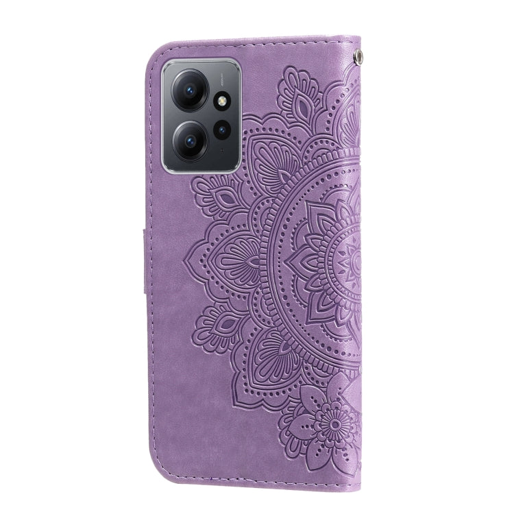 Purple embossed floral leather phone case with camera cutout and side button openings