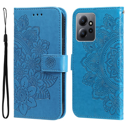 Blue embossed floral leather wallet phone case with wrist strap and card slots