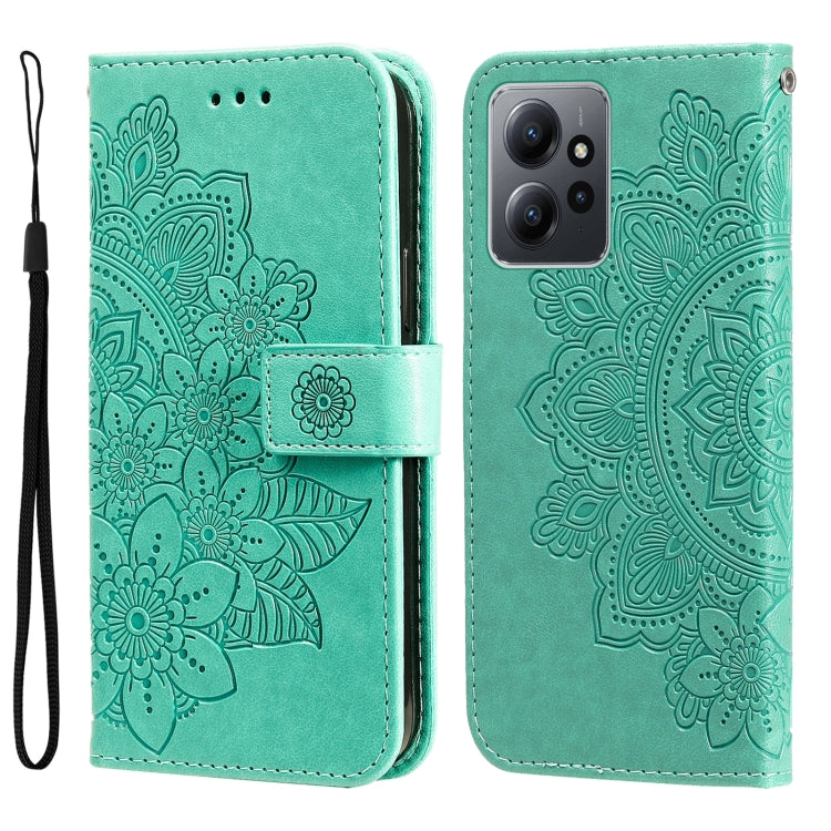 Green embossed leather phone case with 7-petal flower pattern and belt strap detail