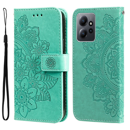 Green embossed leather phone case with 7-petal flower pattern and belt strap detail