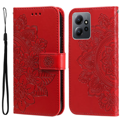 Red embossed leather phone case with 7-petal flower pattern and belt strap