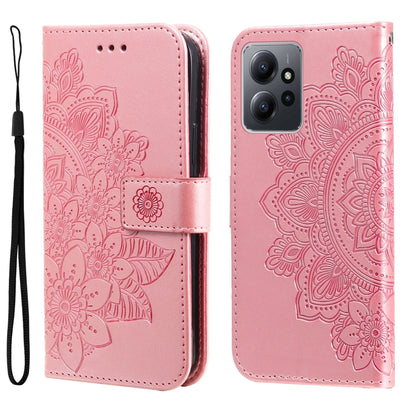 Rose embossed leather phone case with 7-petal flower pattern and belt strap