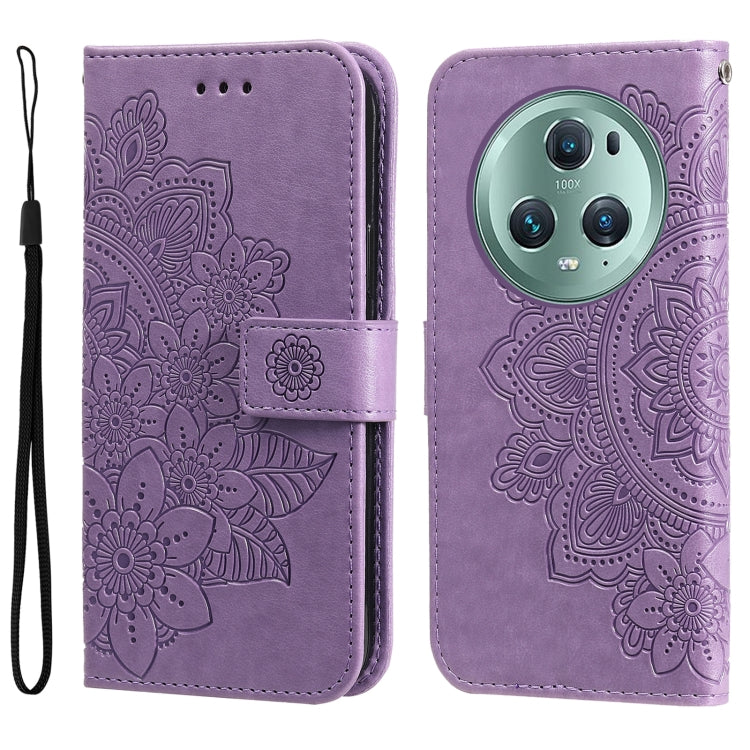 Purple embossed floral leather phone case set with wrist strap and camera cutout