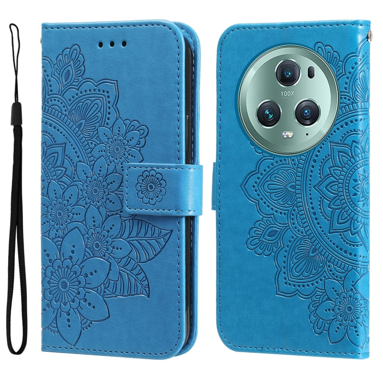 Blue embossed leather phone case with 7-petal flower pattern, belt strap, front and back view