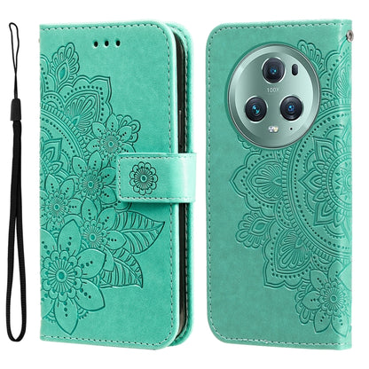 Green embossed leather phone case with 7-petal flower design and circular camera cover