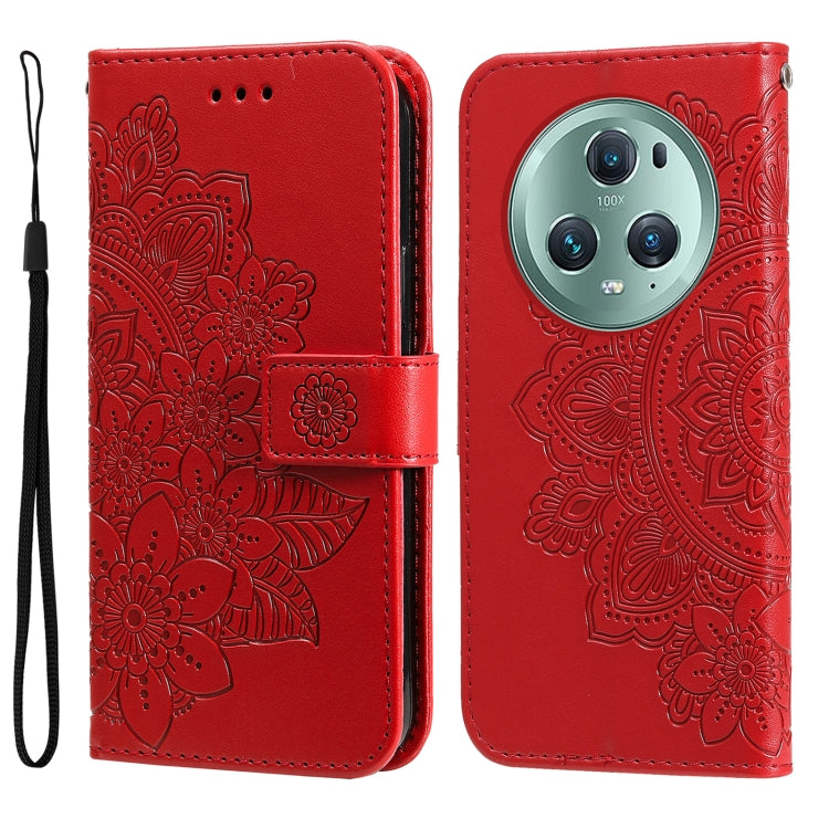 Red embossed leather phone case with 7-petal flower design and circular camera cover
