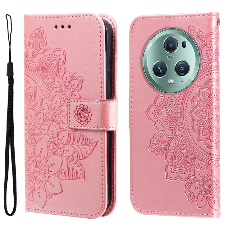 Rose embossed leather phone case with 7-petal flower design and circular camera cover