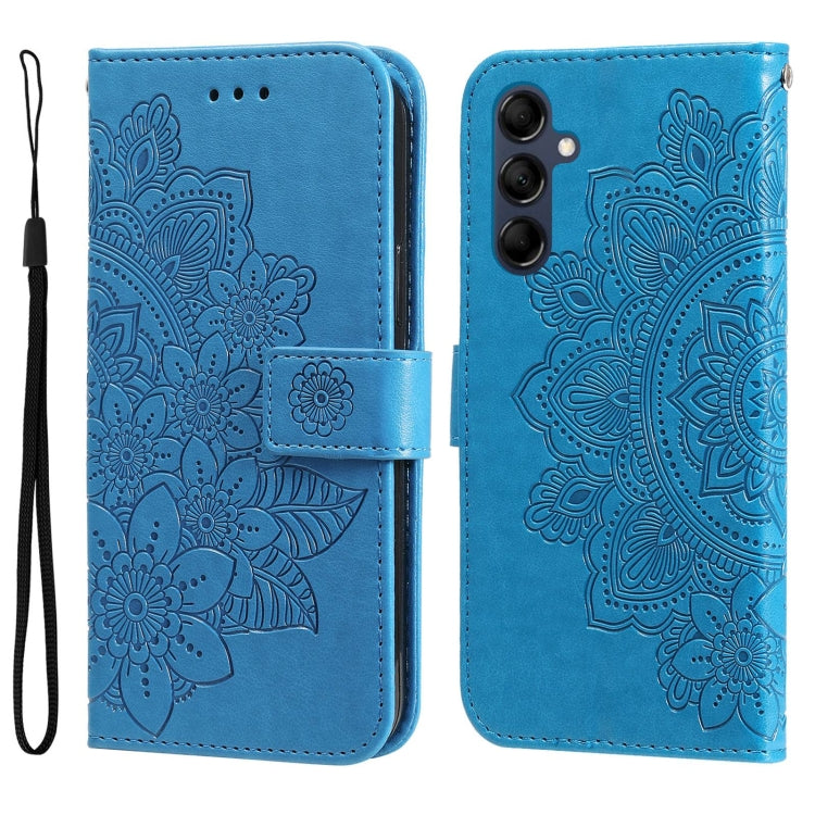 Blue embossed leather phone case with 7-petal flower design and triple camera cutout