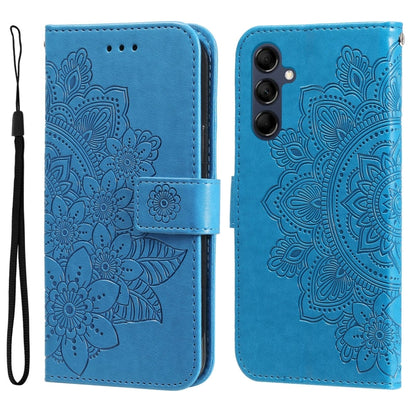 Blue embossed leather phone case with 7-petal flower design and triple camera cutout