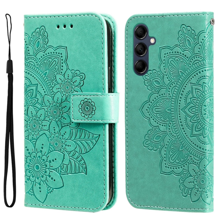 Green embossed leather phone case with 7-petal flower pattern and triple camera cutout