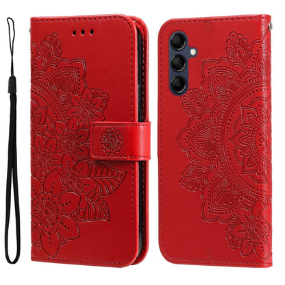 Red embossed leather phone case with 7-petal flower pattern and triple camera cutout