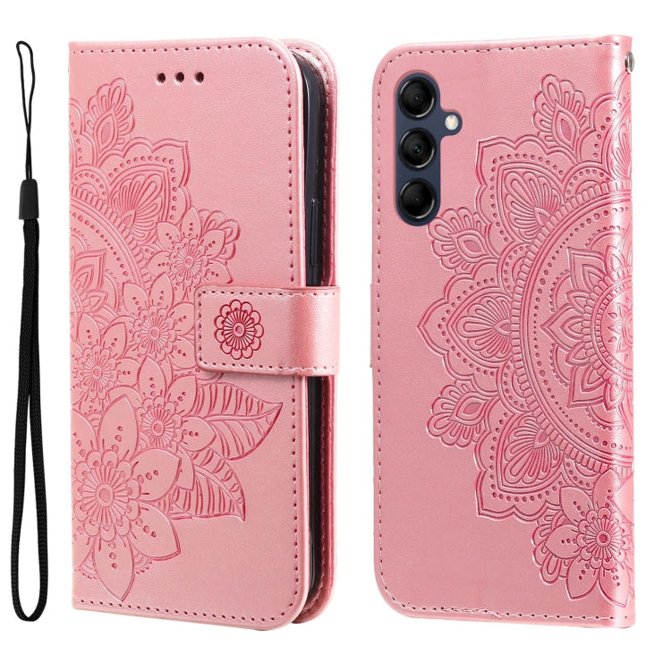 Rose pink embossed 7-petal floral leather wallet phone case with card slots and strap