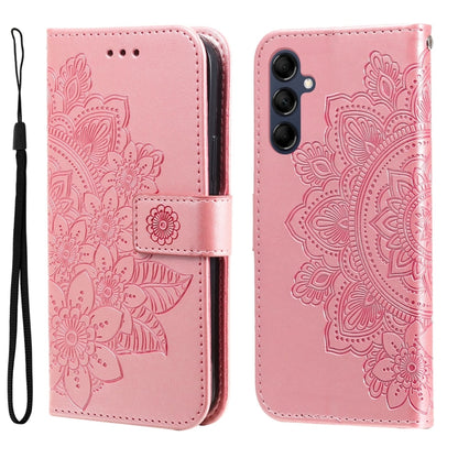 Rose pink embossed 7-petal floral leather wallet phone case with card slots and strap