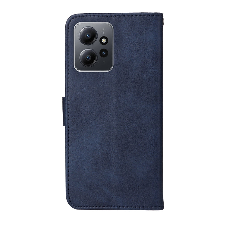 Blue flip leather phone case with camera cutout and smooth back panel