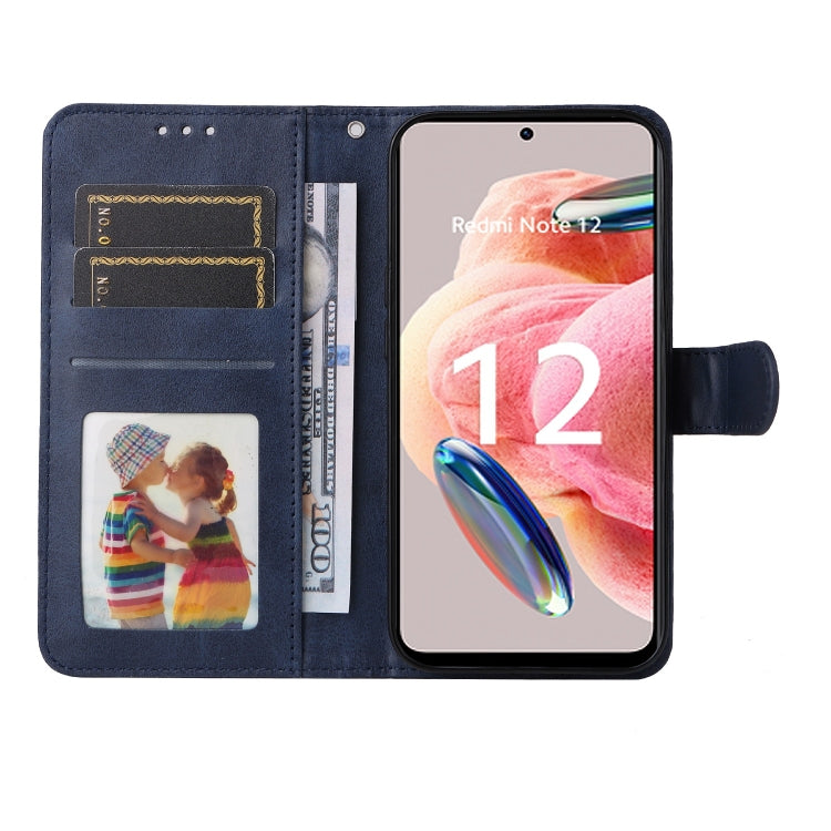 Blue flip leather phone case with card slots and cover flap holding a phone