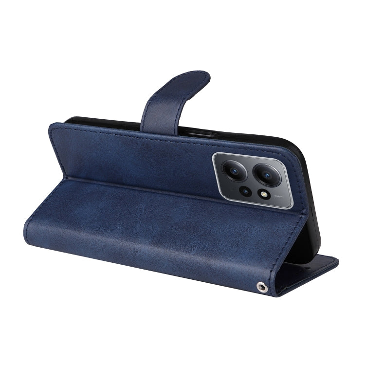 Blue folio-style flip leather phone case with kickstand angle and camera cutout