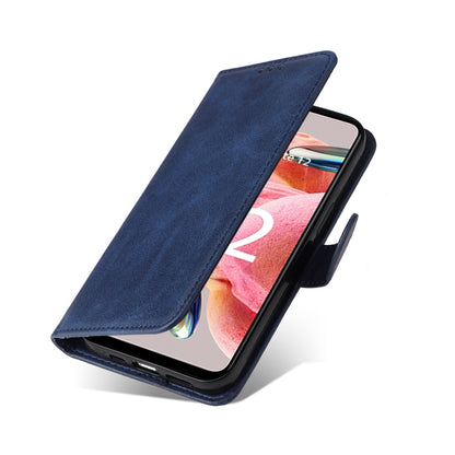 Blue flip leather phone case with side cutouts and fold-over cover