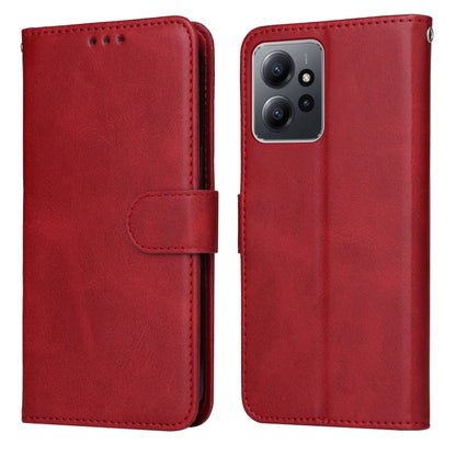 Red flip leather phone case with folio flap and center strap closure