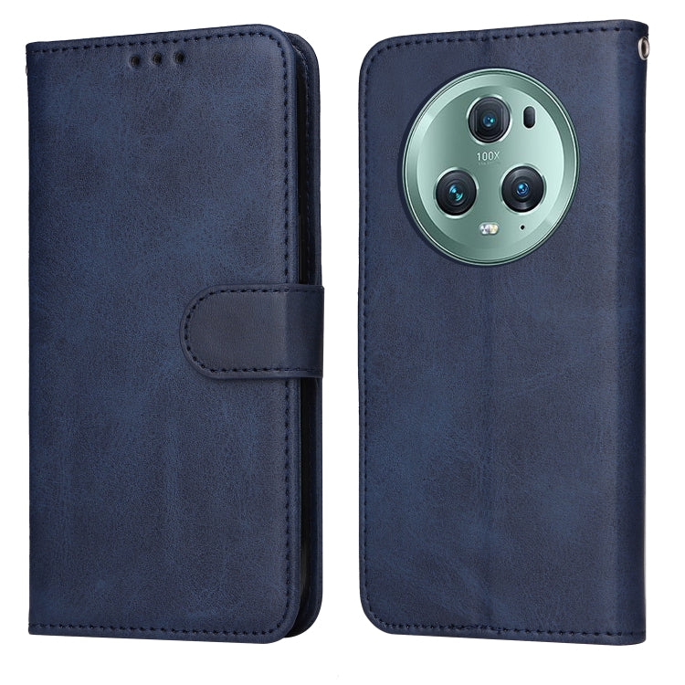 Blue flip leather phone case with camera cutout on back and matching front flap