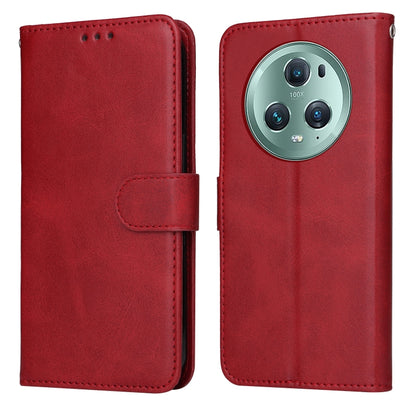 Red calf-texture flip leather phone case with front flap and camera cutout