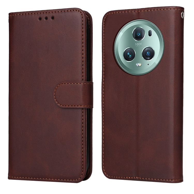 Brown flip leather phone case with front flap and rear camera cutout