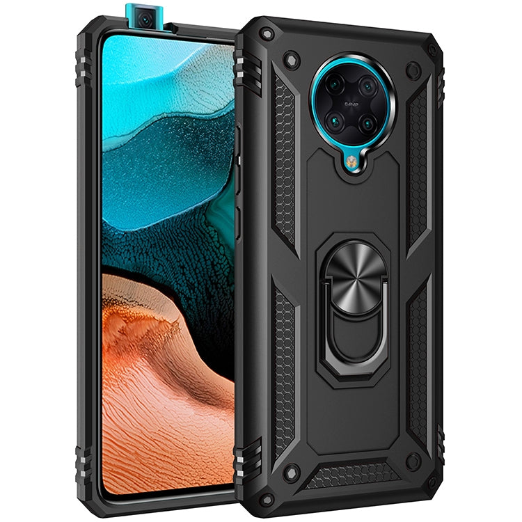 Black shockproof phone case with rugged TPU+PC shell and rotating metal ring kickstand