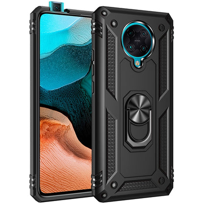 Black rugged phone case with raised camera guard and integrated rotating ring stand
