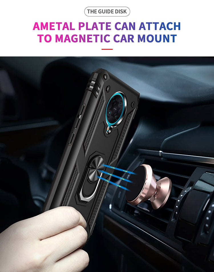 Black protective phone case with metal ring holder near a car mount