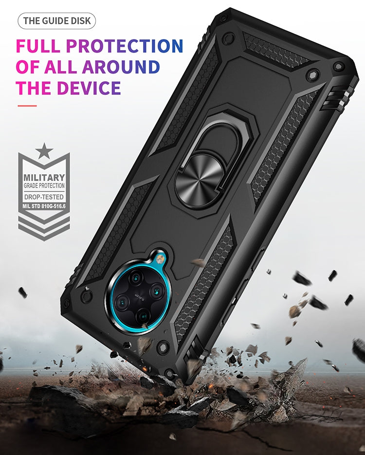 Black rugged phone case with rotating ring kickstand for full device protection