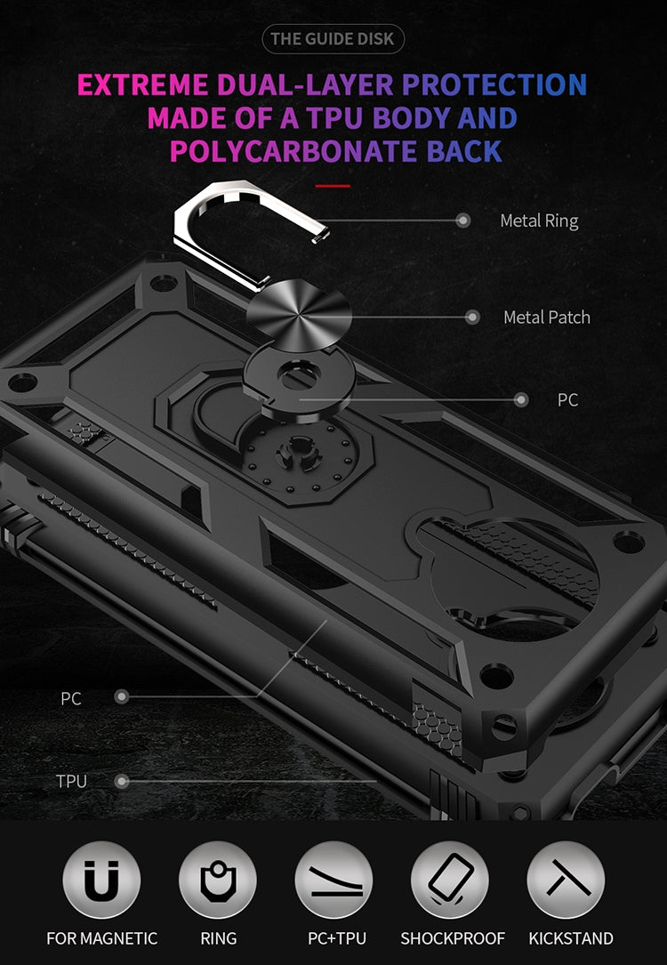 Black dual-layer shockproof phone case with metal ring and PC back protection
