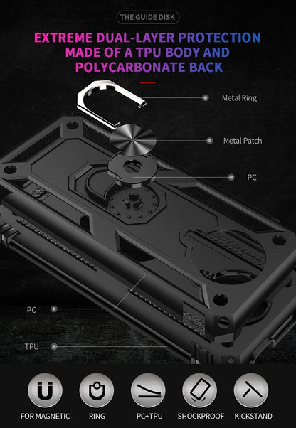 Black dual-layer shockproof phone case with metal ring and PC back protection