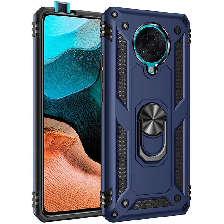 Blue shockproof rugged phone case with rotating metal ring kickstand
