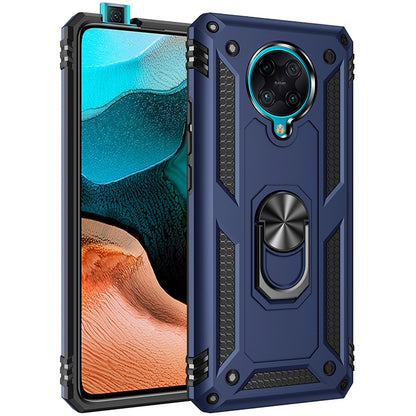 Blue shockproof rugged phone case with rotating metal ring kickstand