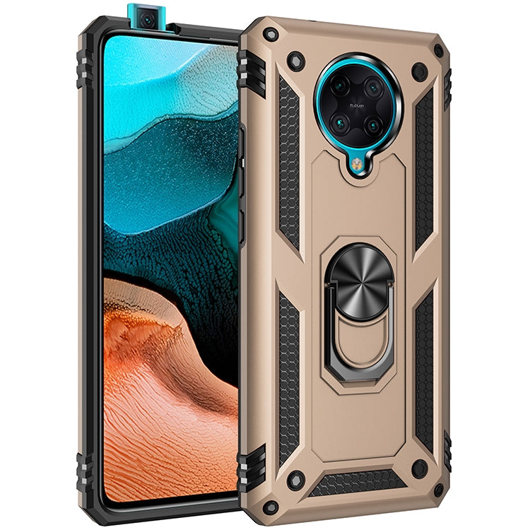 Gold shockproof rugged phone case with rotating metal ring kickstand and camera guard