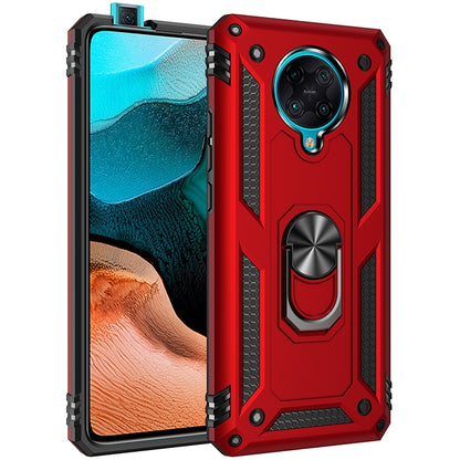 Red shockproof rugged phone case with rotating metal ring kickstand and camera guard