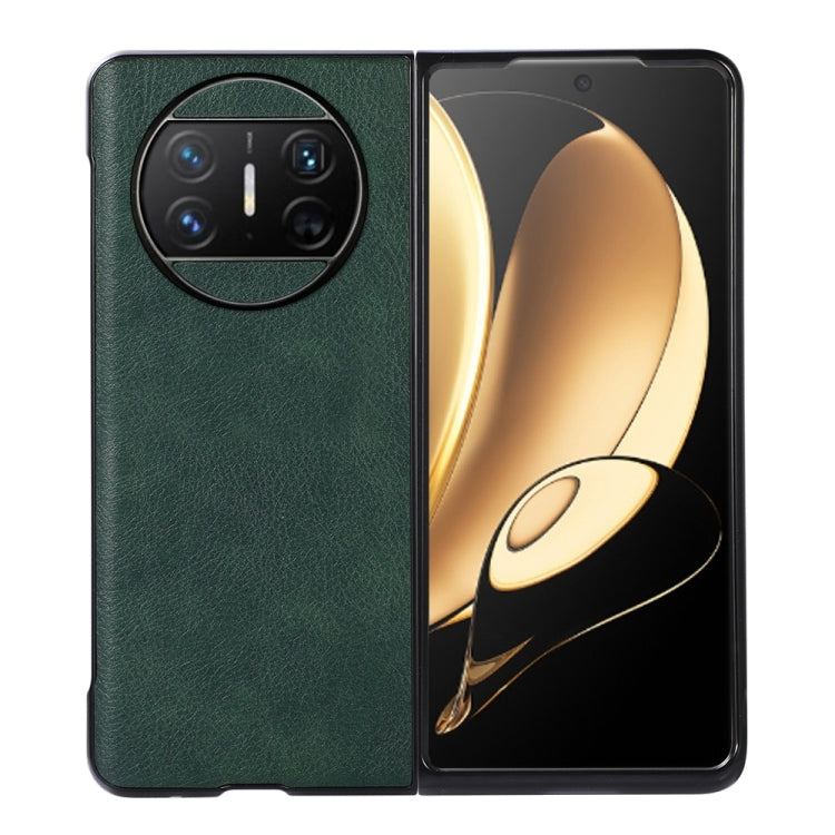 Green two-color litchi-texture PU phone case with camera cutout, front and back view