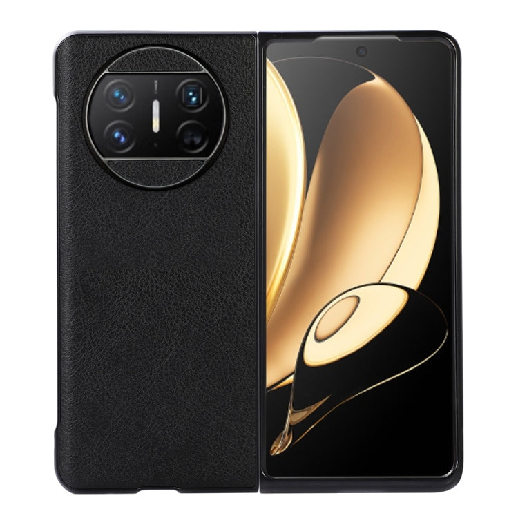 Black two-color litchi-texture PU phone case with camera cutout, front and back view