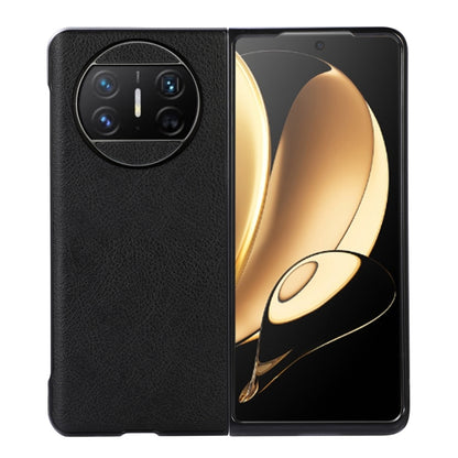 Black two-color litchi-texture PU phone case with camera cutout, front and back view