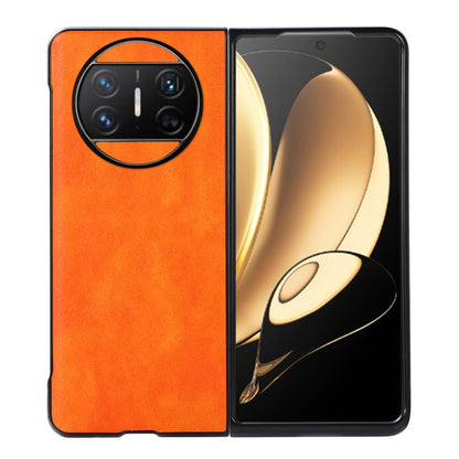 Orange two-color litchi-texture PU phone case with camera cutout, front and back view