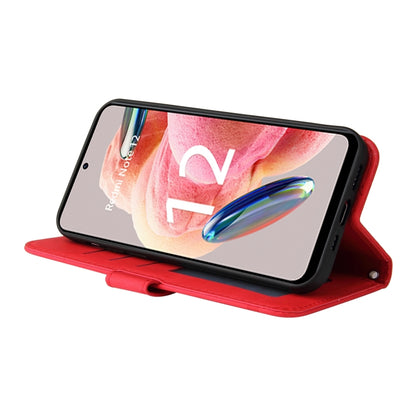 Red leather folio phone case opened as landscape viewing stand