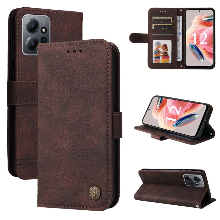 Brown leather-style flip phone case with metal button, card holder, and side strap