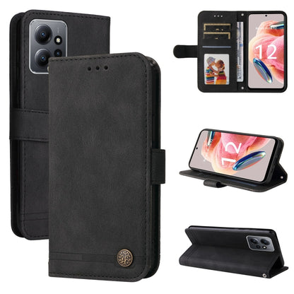 Black leather-style flip phone case with metal button, card slots, and stand