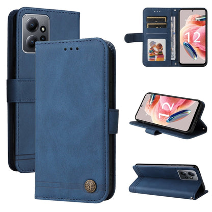 Blue leather-style flip phone case with metal button, card slots, and kickstand view