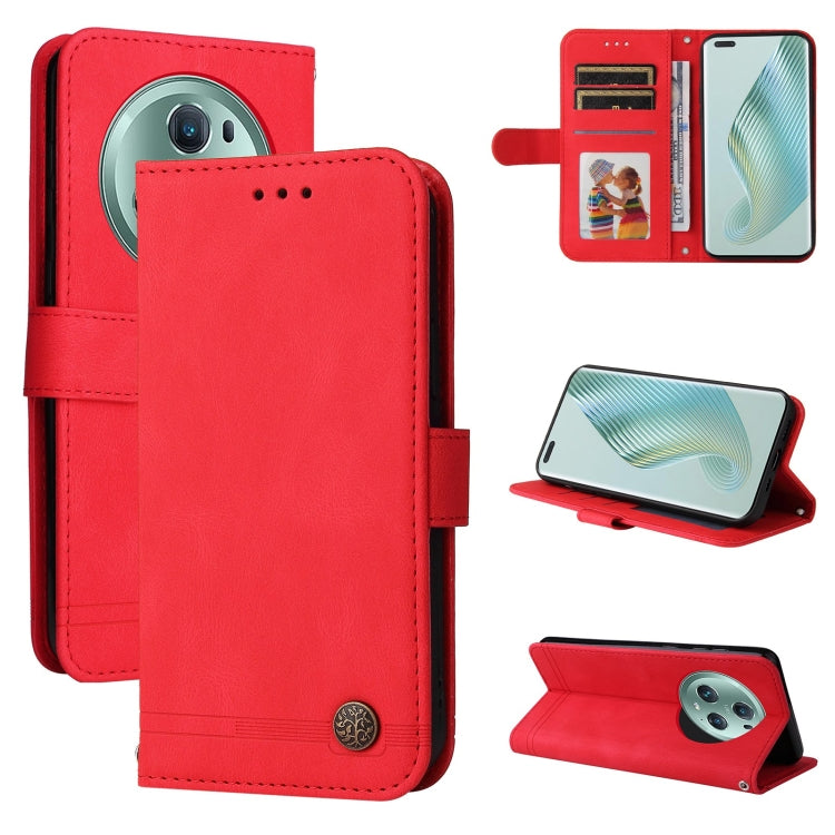 Red leather wallet phone case with card slots, photo pocket and metal button