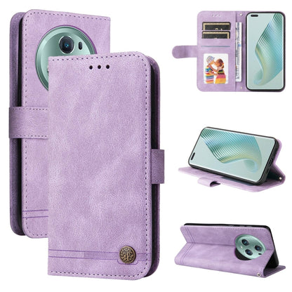 Purple leather wallet phone case with card slots and metal button closure