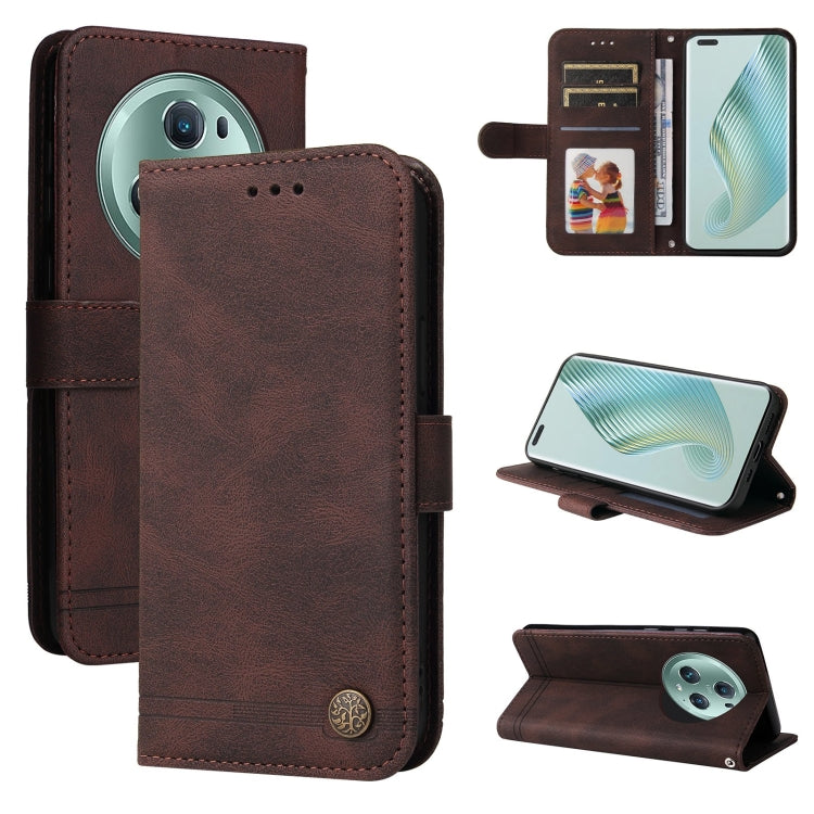 Brown leather-style wallet phone case with metal button, card slots, and flip cover
