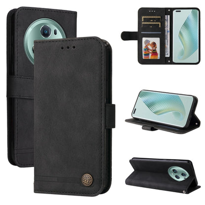 Black leather-style wallet phone case with metal button and flip cover with card slots