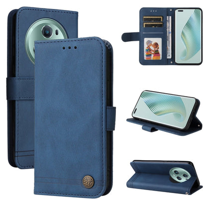 Blue leather-style wallet phone case with metal button, card slot window, and stand